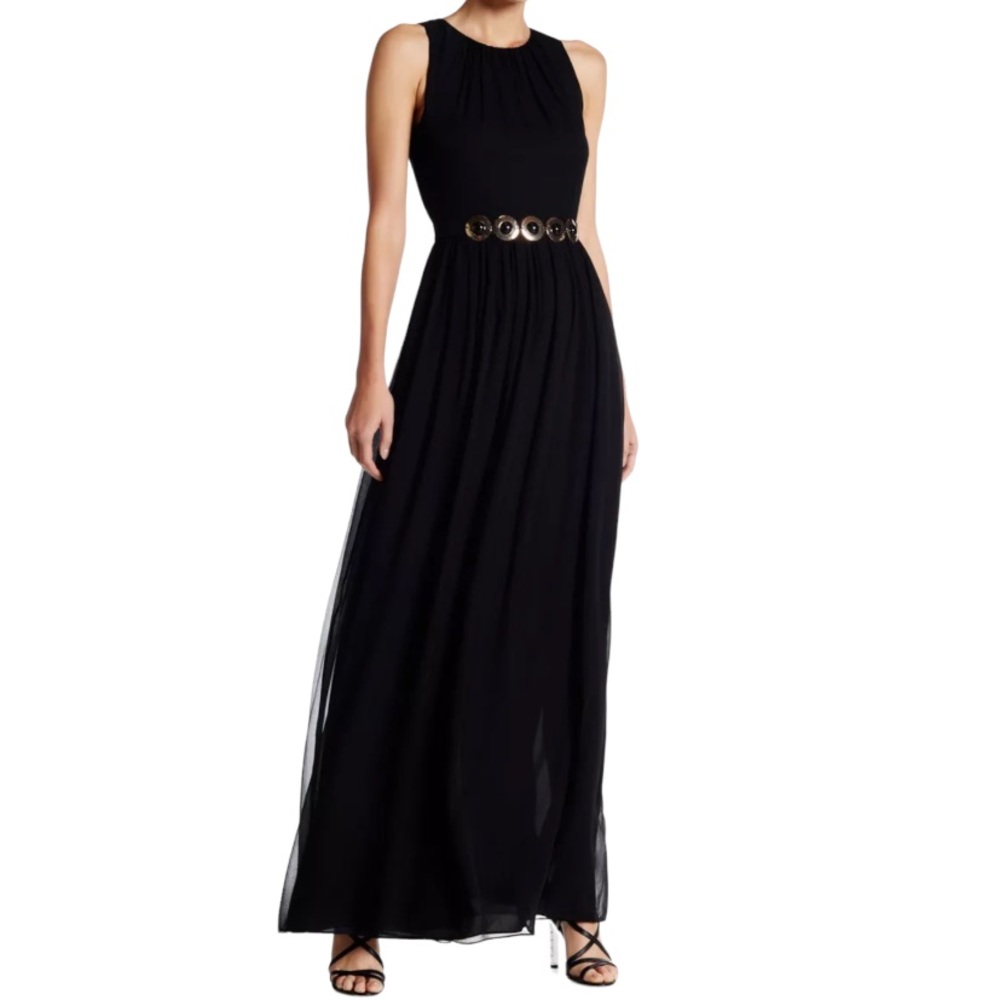 KATE SPADE New York Belted Chiffon Sleeveless Fit-n-Flare Silk Maxi Dress, Black